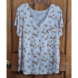 Soma Shirt Women's XL Cream Pink Floral Loungewear Intimates Comfy V-Neck